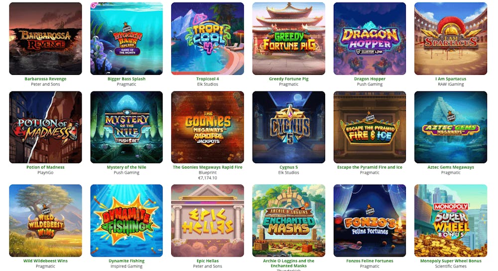 På ett EU casino kan svenska spelare spela såväl slots och bordsspel som livecasinospel. Här visas titlar som Bigger Bass Splash och Epic Hellas.