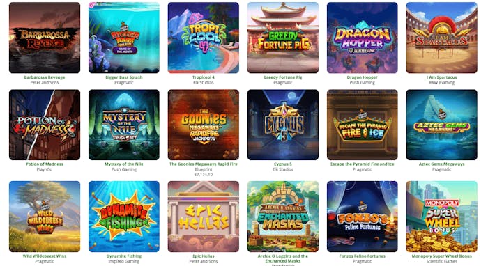 På ett EU casino kan svenska spelare spela såväl slots och bordsspel som livecasinospel. Här visas titlar som Bigger Bass Splash och Epic Hellas.