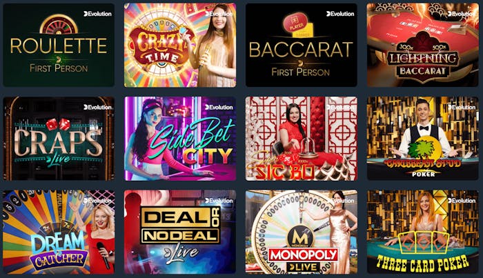 Screenshot på spel som Evolution Gaming erbjuder på casino utan svensk licens.