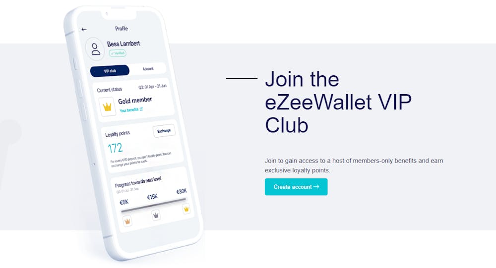 En bild som visar en mobiltelefon och en knapp genom vilken du kan komma igång med eZeeWallet och gå med i VIP-programmet.