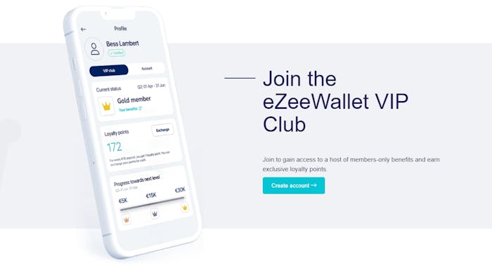 En bild som visar en mobiltelefon och en knapp genom vilken du kan komma igång med eZeeWallet och gå med i VIP-programmet.