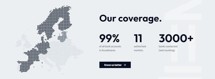 Bilden visar lite fakta om Finshark: 99% täckning av alla banker i Skandinavien, tillgänglig på 11 marknader och över 3000 anslutna banker. 