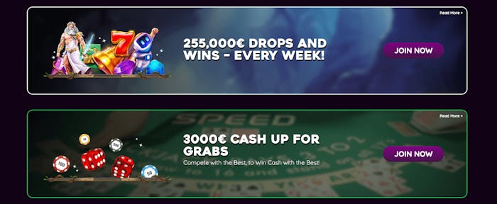 Det finns bonuserbjudanden utöver välkomstbonusen hos Flaxino Casino. Här visas bland annat Drops and Wins, former av jackpottar kopplade till casinots video slots. 