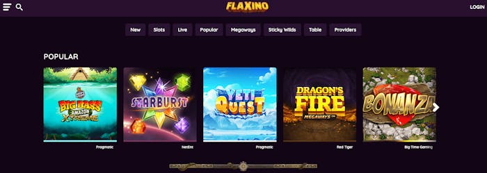 Klickar man på Games i menyn hamnar man på spelsidan hos Flaxino Casino. Här finns slots, bordsspel och livespel. Några populära speltitlar som visas högst upp på sidan är Starburst och Big Bass Amazon Xtreme.
