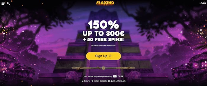 Hos Flaxino Casino skyltas välkomstbonusen högst upp på startsidan. Här finns också Sign Up-knappen för att skapa ett spelkonto hos casinot.