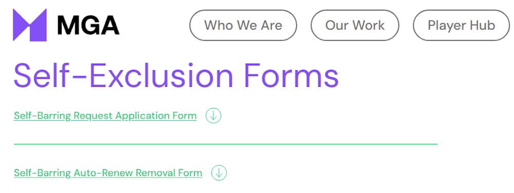 Bild från webbsidan för självexkludering från casinon hos spelmyndigheten Malta Gaming Authority