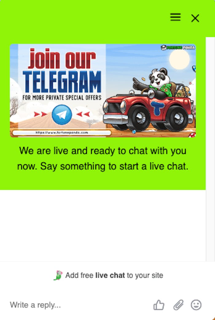 Här är Fortune Panda Casinos live chatt. Skriv bara något i rutan för att starta chatten.