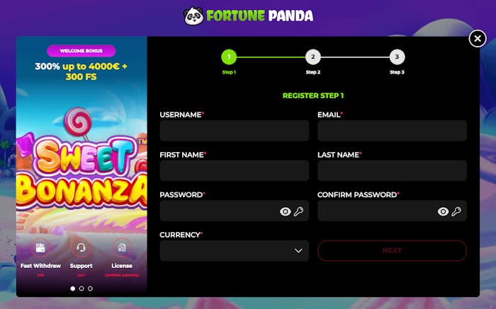 Här visas steg 1 i registreringsprocessen hos Fortune Panda Casino. Till vänster görs det reklam för välkomstbonusen och till höger fyller man i nödvändiga uppgifter. I det här steget ska användarnamn, e-postadress, för- och efternamn, lösenord samt valuta fyllas i.