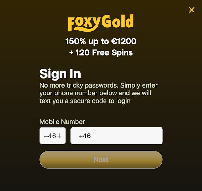 Registreringssida på FoxyGold.
