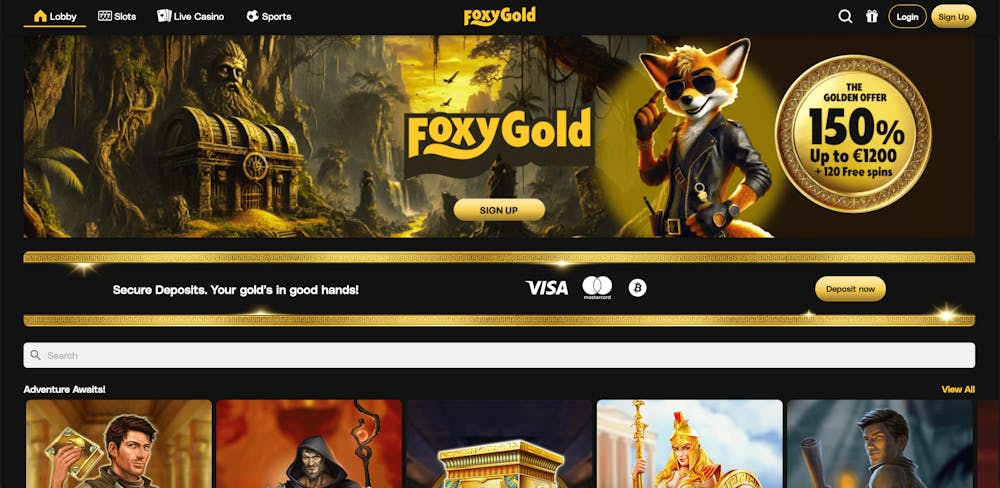 FoxyGolds startsida med presenterat välkomsterbjudande.