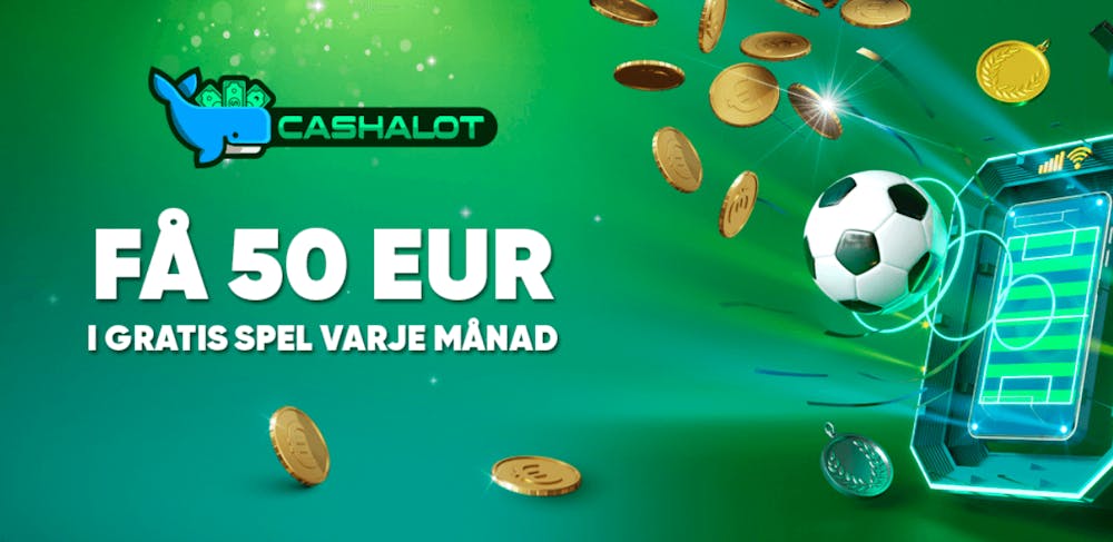 Screenshot av ett erbjudande från Cashalot casino som ger 50€ free bet varje månad.