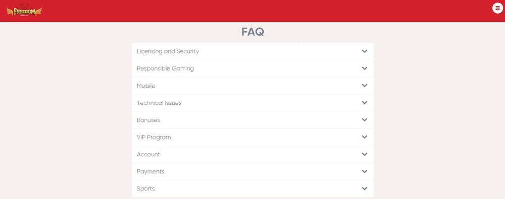 FAQ-sidan på Freedom Casinos sajt.