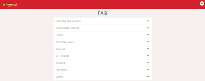 FAQ-sidan på Freedom Casinos sajt.
