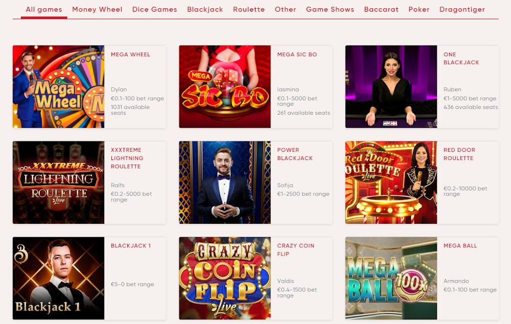 Spelkatalogens live casino.