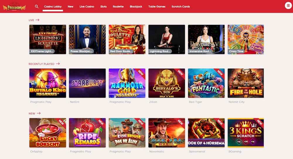 Startsidan hos Freedom Casino