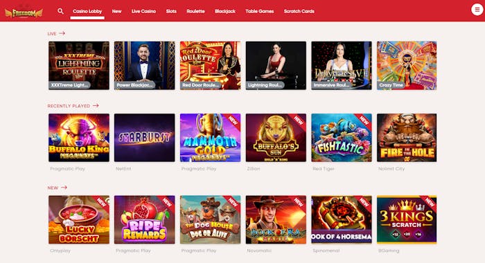 Startsidan hos Freedom Casino.