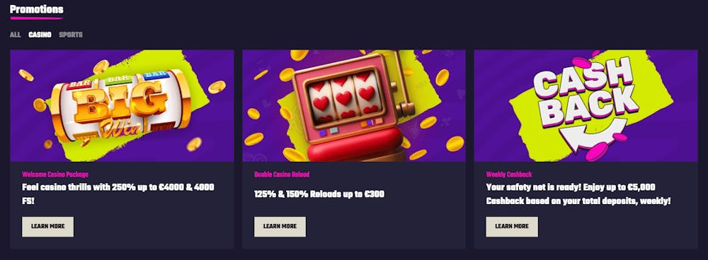 Bonusar och kampanjer finns på Frenzino Casino i form av välkomstpaket, reloads och cashbacks.