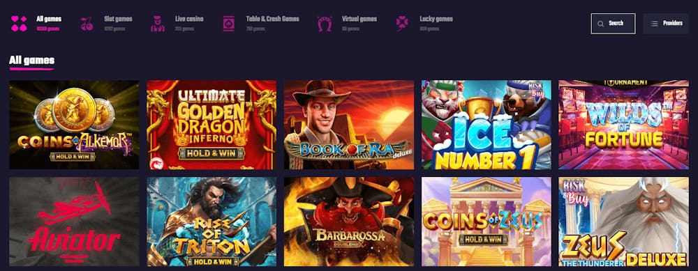 I Frenzinos spelutbud finns populär titlar som Book of Ra, Wilds of Fortune, Aviator och Rise of Triton.