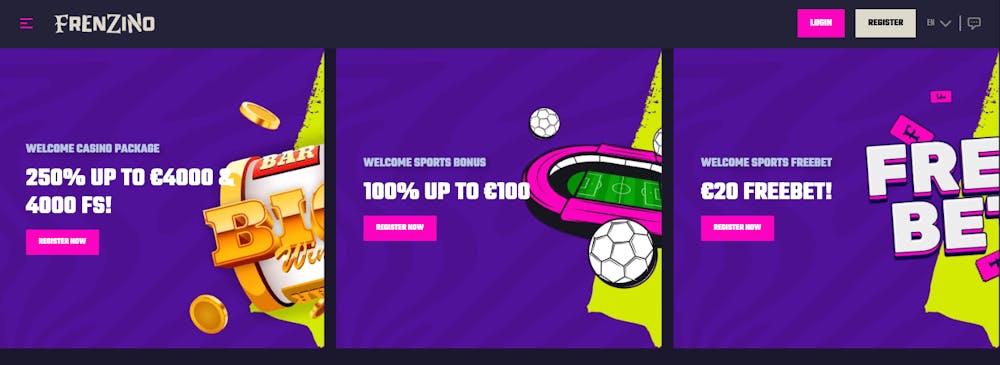 Startsidan hos Frenzino Casino är fullmatad med bonusar och kampanjer, bland annat finns ett casino välkomstpaket, en sportbonus samt freebets att hämta för nya spelare.