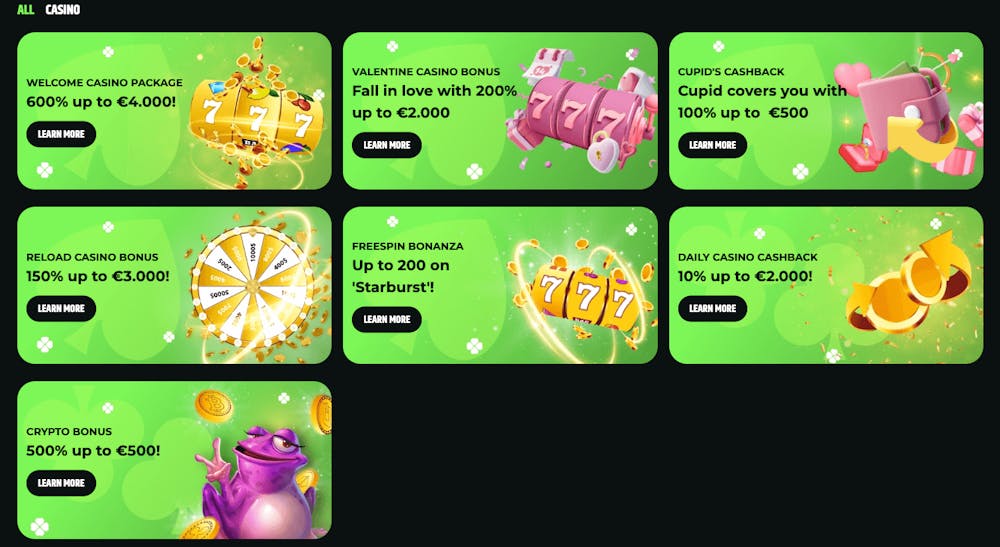 Froggybet Casino har ett omfattande bonusutbud. Bonusformer som cashbacks, reloads, free spins och kryptobonus finns.