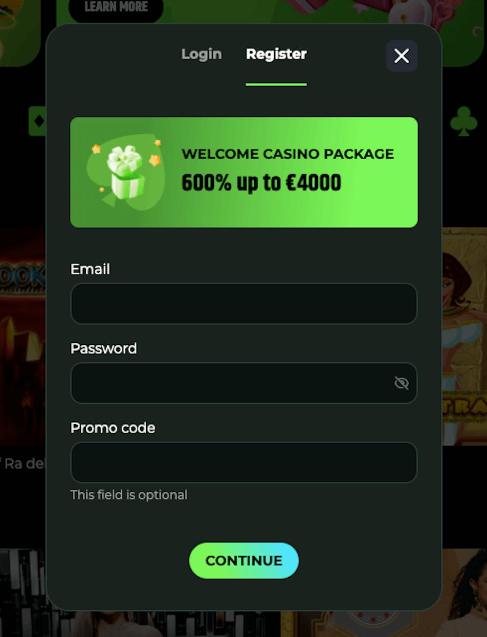 E-postadress och lösenord är vad som krävs för att inleda registreringsprocessen hos Froggybet. Det finns även ett fält för bonuskod, vilket är valfritt att fylla i. I registreringsformuläret syns också välkomstpaketet på 600 procent upp till 4000 euro.