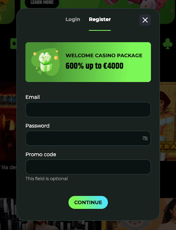 E-postadress och lösenord är vad som krävs för att inleda registreringsprocessen hos Froggybet. Det finns även ett fält för bonuskod, vilket är valfritt att fylla i. I registreringsformuläret syns också välkomstpaketet på 600 procent upp till 4000 euro.