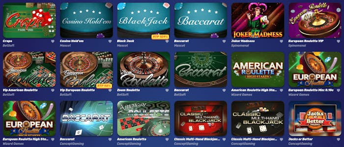 Hos Gamblezen finns bordsspel som roulette, blackjack, baccarat och craps. Spela till exempel Zoom Roulette eller Joker Madness.