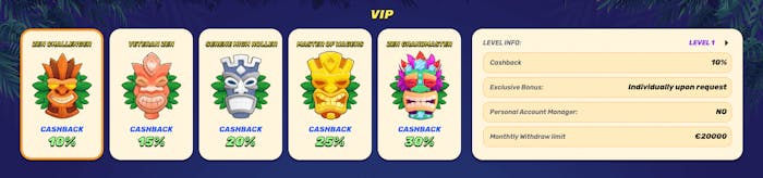 Gamblezen har ett VIP-program med fem olika nivåer som ger från 10 procent upp till 30 procent cashback.