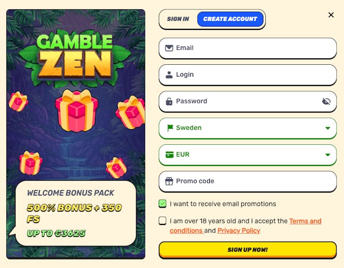 Skapa ett konto hos Gamblezen genom att klicka på Create Account. Fyll sedan i uppgifter som e-postadress, användarnamn, lösenord, land och valuta. Fyll även i bonuskod om bonus önskas aktiveras.
