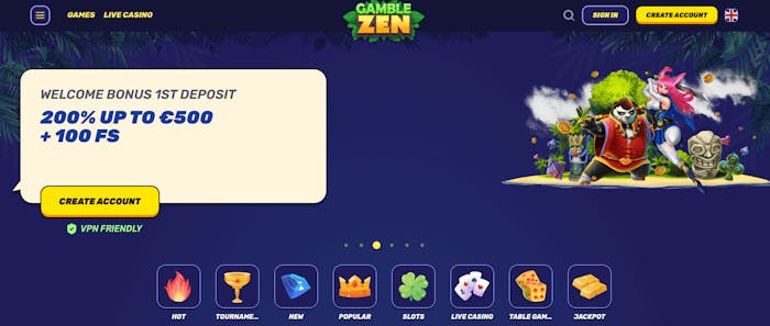 Välkomstbonusar och andra erbjudanden är i fokus på Gamblezens startsida. Se här en bonus på 200 procent upp till 500 euro plus 100 free spins vid första insättningen hos casinot. Även de olika speltyperna introduceras högt upp på sidan.