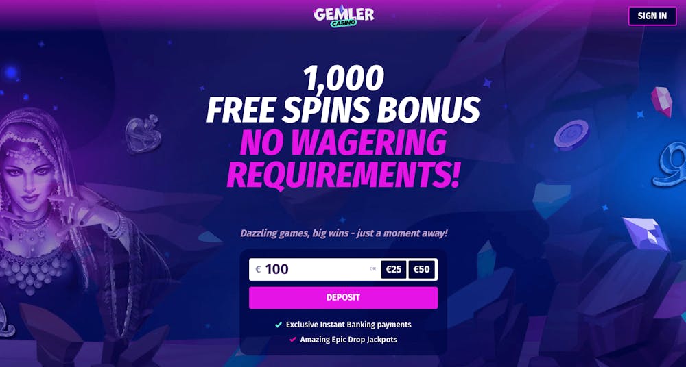 Startsidan hos Gemler Casino visar bland annat välkomstbonusen på upp till 1000 omsättningsfria free spins. Ett snabbformulär för insättning hos casinot skyltas också, liksom en sign in-knapp.