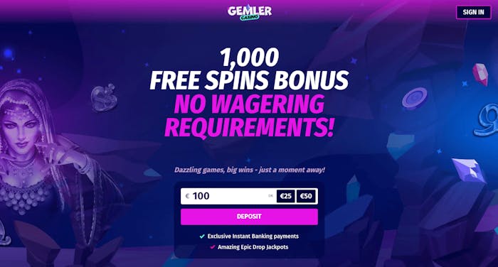 Startsidan hos Gemler Casino visar bland annat välkomstbonusen på upp till 1000 omsättningsfria free spins. Ett snabbformulär för insättning hos casinot skyltas också, liksom en sign in-knapp.