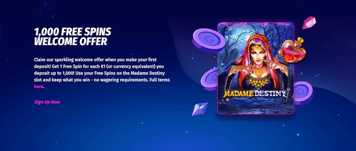 Vid en första insättning på Gemler Casino kan man få upp till 1000 omsättningsfria free spins, vilka gäller på spelautomaten Madame Destiny Megaways.