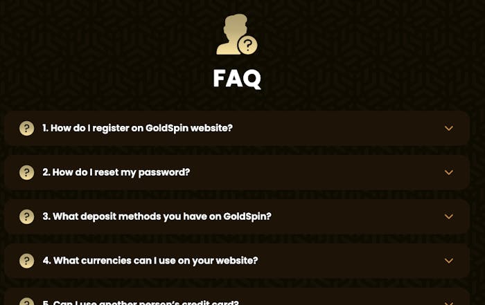 En av GoldSpin Casinos kontaktvägar är FAQ-sidor. Här finns svar på vanligt ställda frågor, bland annat gällande spelkonto och betalningar.