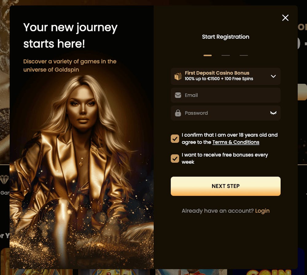 För att starta registreringen hos GoldSpin, fyll i uppgifter som e-postadress och lösenord. Välj också bonus här. Genom att klicka på knappen Next step kommer man till steg 2 i processen.