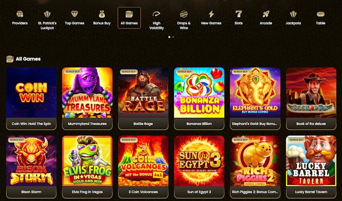 Speltyper man kan ta del av på GoldSpin är bland annat Slots, Drops and Wins, Arkadspel, Bordsspel samt sportodds. Bland casinospelen finns kända titlar som Book of Raa Deluxe, Bonanza Billion och Coin Win: Hold the Spin.
