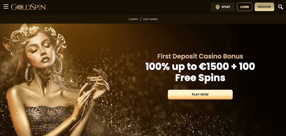 GoldSpin Casino skyltar med välkomstbonusen på 100 procent upp till 1500 euro plus 100 free spins på sin startsida. Här finns också knappar för login respektive registrering. Uppe i vänstra hörnet finns huvudmenyn.