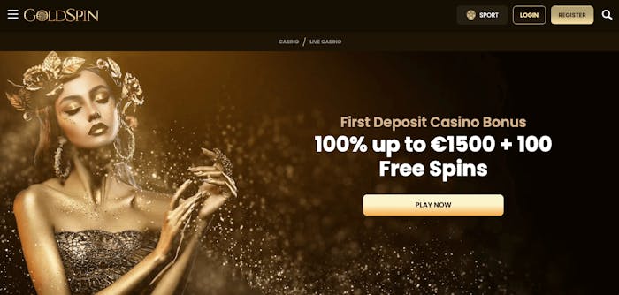 GoldSpin Casino skyltar med välkomstbonusen på 100 procent upp till 1500 euro plus 100 free spins på sin startsida. Här finns också knappar för login respektive registrering. Uppe i vänstra hörnet finns huvudmenyn.