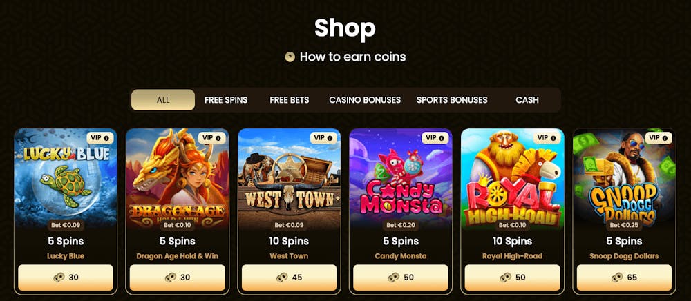 GoldSpin Casino har en poängshop för befintliga spelare. I denna kan man köpa olika typer av bonusar för de poäng man samlat in, bland annat free spins, free bets och reloads.