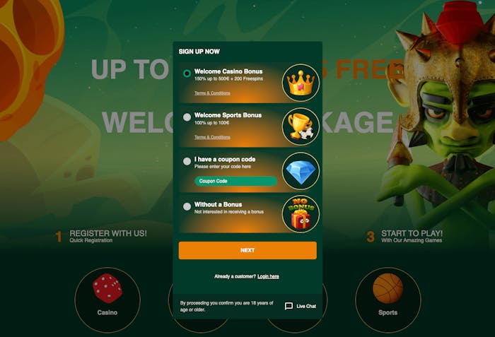 Här visas första steget i registreringsprocessen hos Gomblingo. Välj casino- eller sportbonus samt bonuskod. Alternativt klicka i Without a Bonus. Varje alternativ kommer med varsin bild i form av en krona, en pokal och fotboll, en diamant samt ett paket med texten No Bonus ovanför. Klicka på Next för att komma till nästa steg i processen.