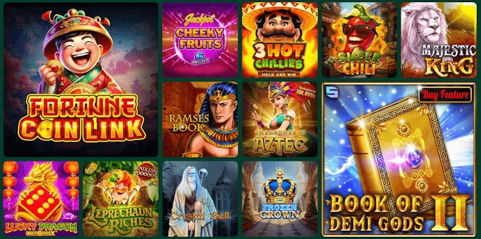 Här visas en rad slots hos Gomblingo, inklusive Fortune Coin Link, Ramses Book och Super Chili.
