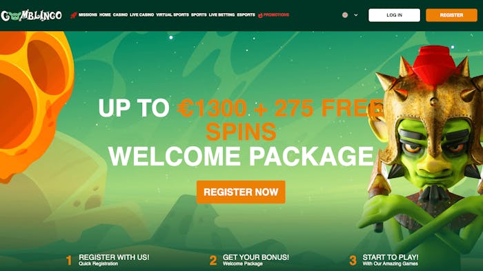 Gomblingo startsida med meny högst upp samt knappar för registrering. I mitten visas välkomstpaketet på upp till 1300 euro plus 275 free spins i stora bokstäver. Bredvid till höger finns ett grönt troll med bland annat riddarhjälm.