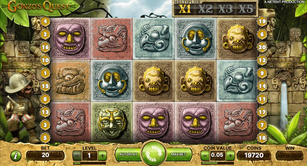 Screenshot på gameplay av Gonzo's Quest slot.