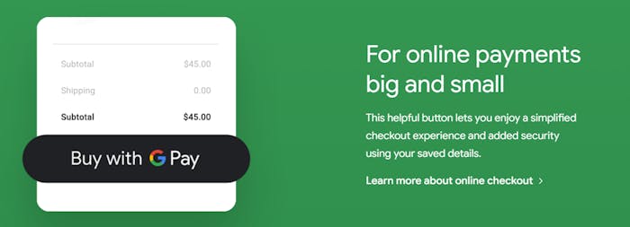 I bilden visas ett köp som görs med Google Pay. Vid sidan finns en text där det står att tjänsten passar för att göra både små och stora betalningar. Alltså är den utmärkt oavsett hur du föredrar att spela casino online.