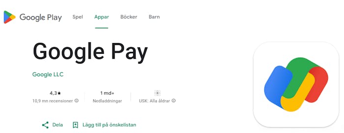 Sidan för Google Pay-appen på Google Play.