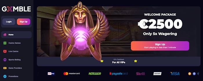 Startsidan hos Gxmble Casino