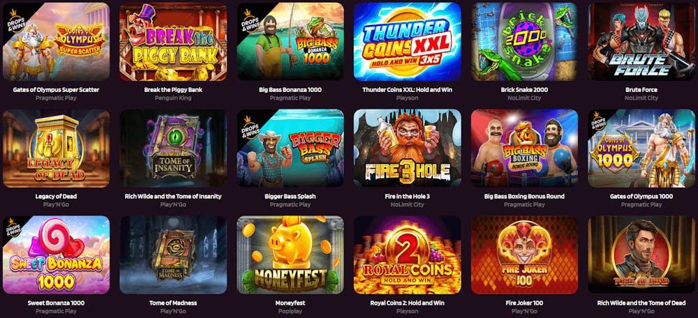 Ett urval av spelen hos HappySlots Casino, en EMTA-licensierad casinosajt. 