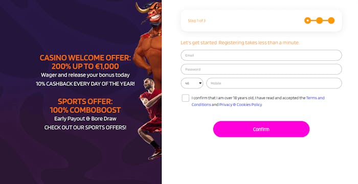HappySlots har en registreringsprocess i tre steg. Här är första steget var uppgifter som e-postadress, lösenord samt mobilnummer ska fyllas i. Till vänster visas välkomsterbjudandena för såväl casino som sport.