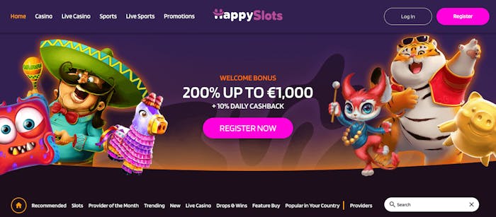Spelkaraktärer tillsammans med välkomsterbjudandet på 200 procent upp till 1000 euro pryder HappySlots startsida. Här finns även menyer för olika spelkategorier samt knappar för registrering.