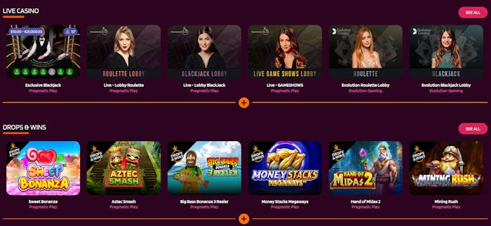 Spelutbud hos HappySpins Casino.